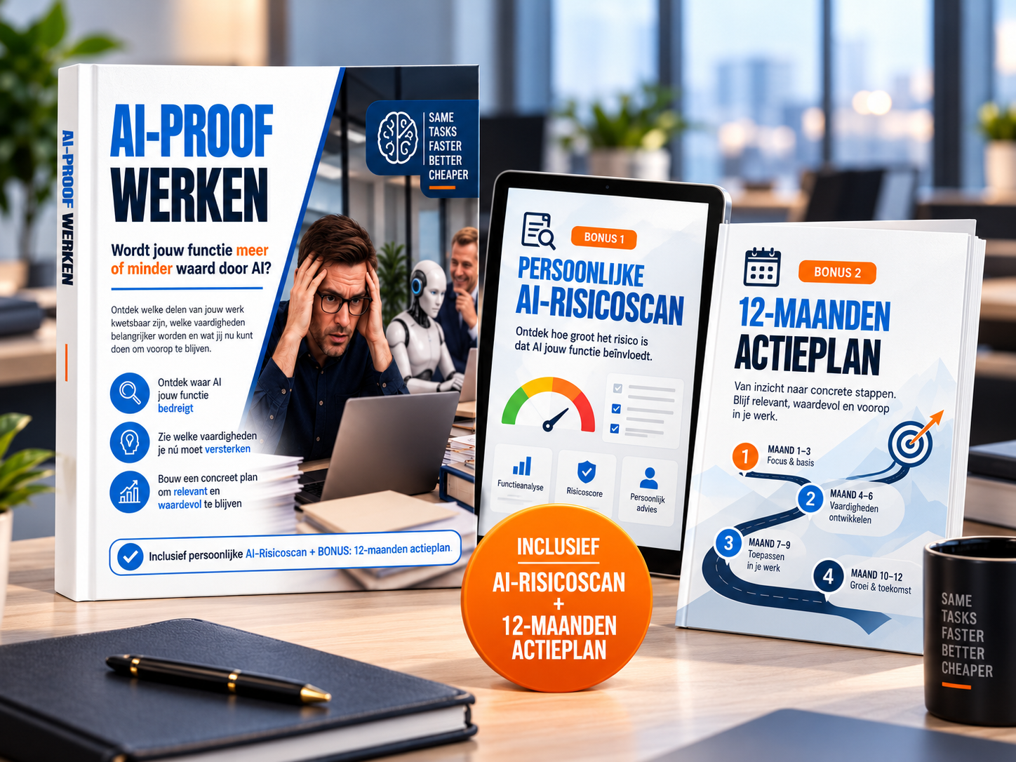 Het e-book AI-Proof Werken met de persoonlijke AI-risicoscan, het 12-maanden actieplan en de werkbladen